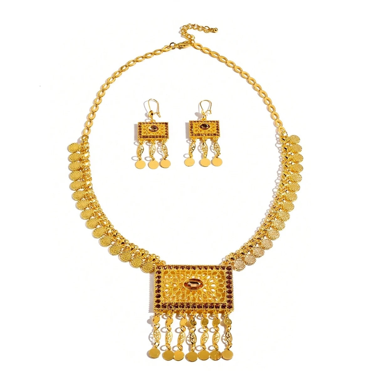 Golden Necklaces And Earrings With Multiple Designs For Women