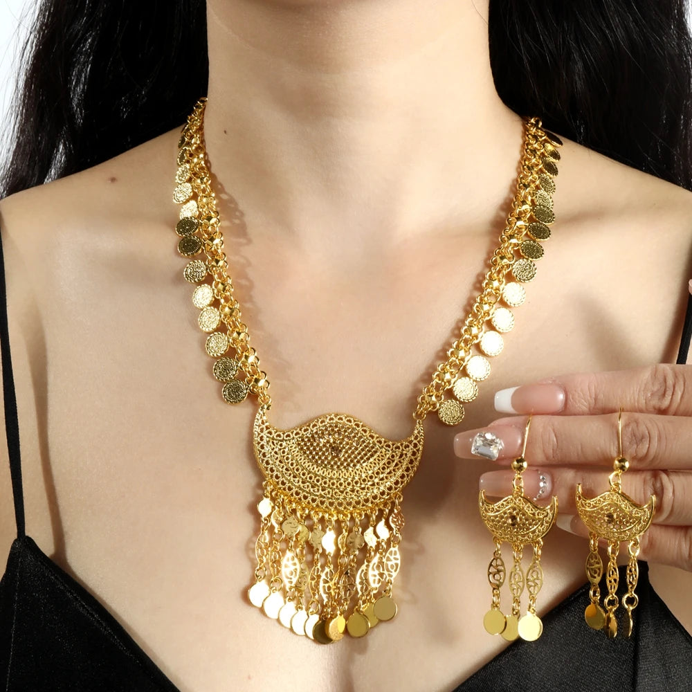 Golden Necklaces And Earrings With Multiple Designs For Women