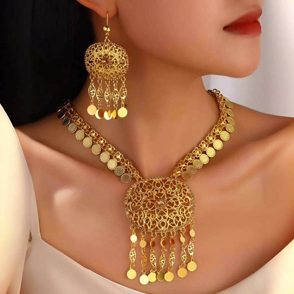 Golden Necklaces And Earrings With Multiple Designs For Women