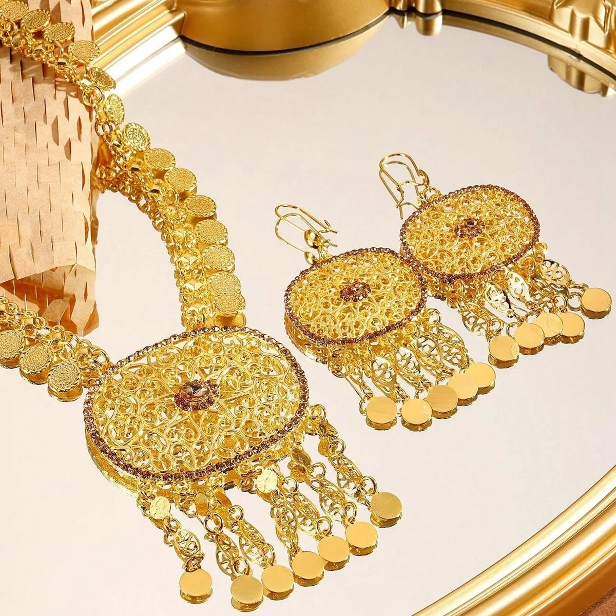 Golden Necklaces And Earrings With Multiple Designs For Women