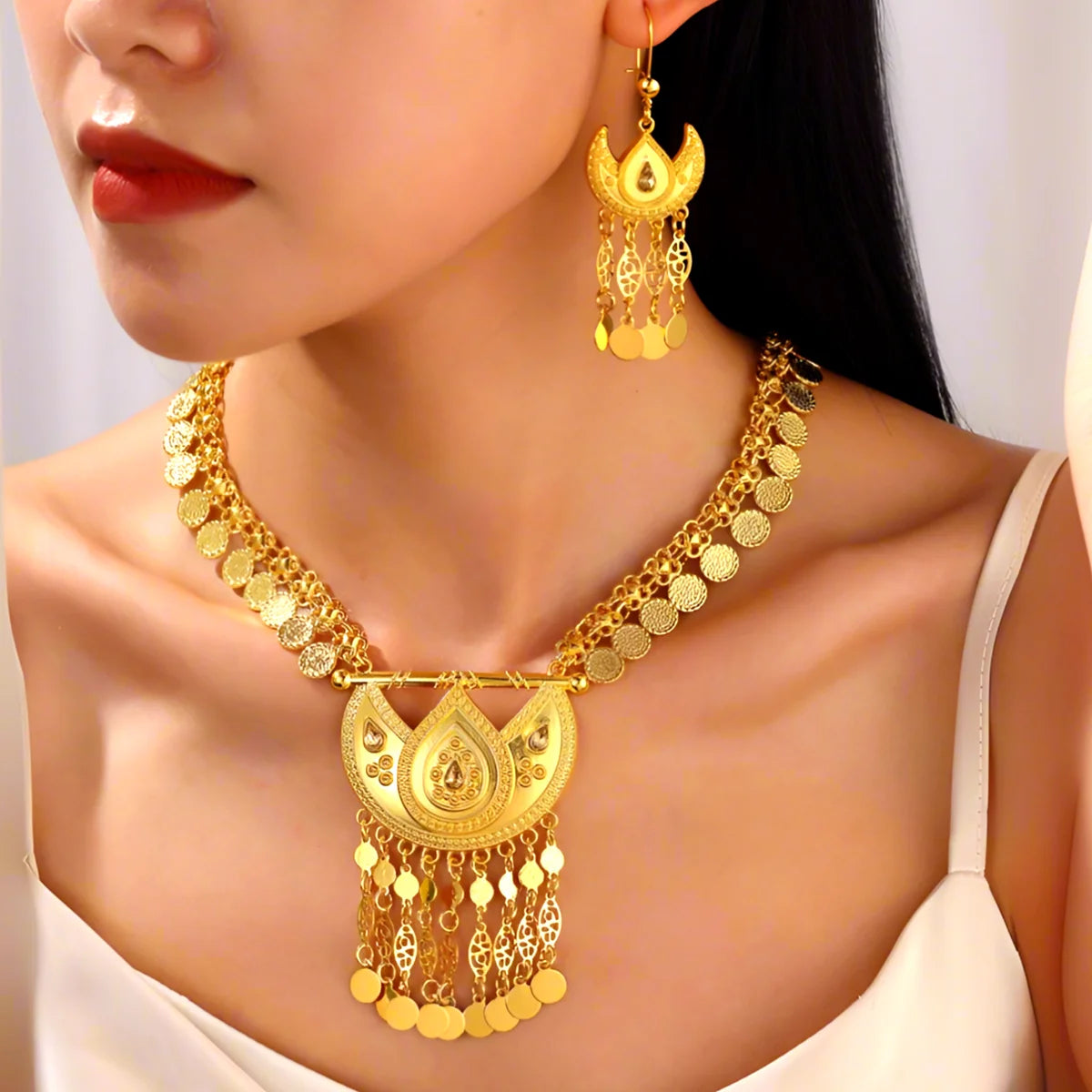 Golden Necklaces And Earrings With Multiple Designs For Women