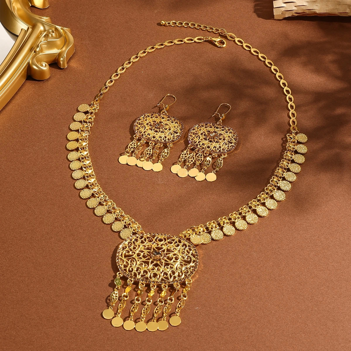 Golden Necklaces And Earrings With Multiple Designs For Women