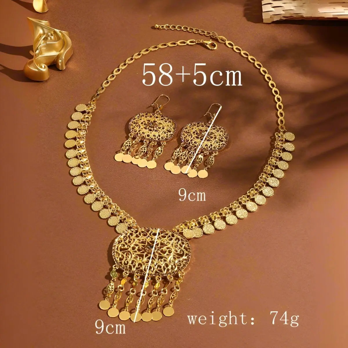 Golden Necklaces And Earrings With Multiple Designs For Women