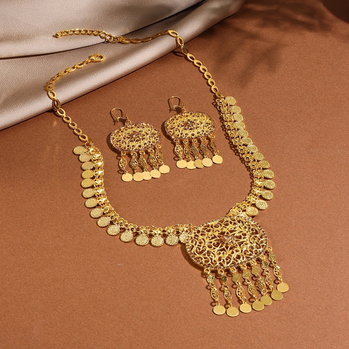 Golden Necklaces And Earrings With Multiple Designs For Women