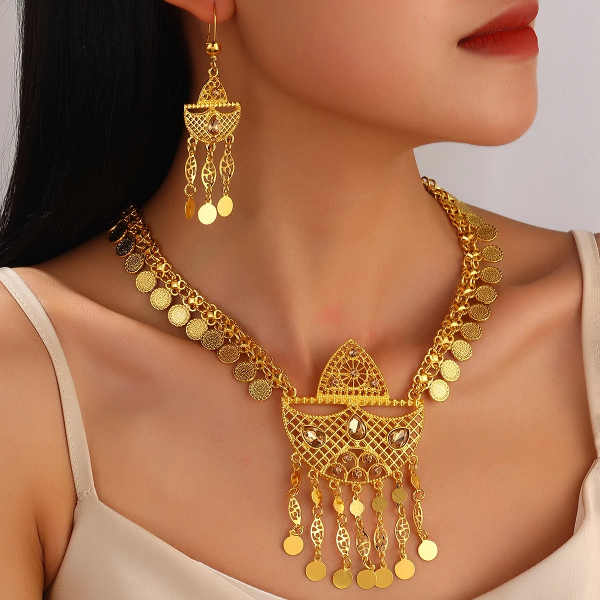 Golden Necklaces And Earrings With Multiple Designs For Women