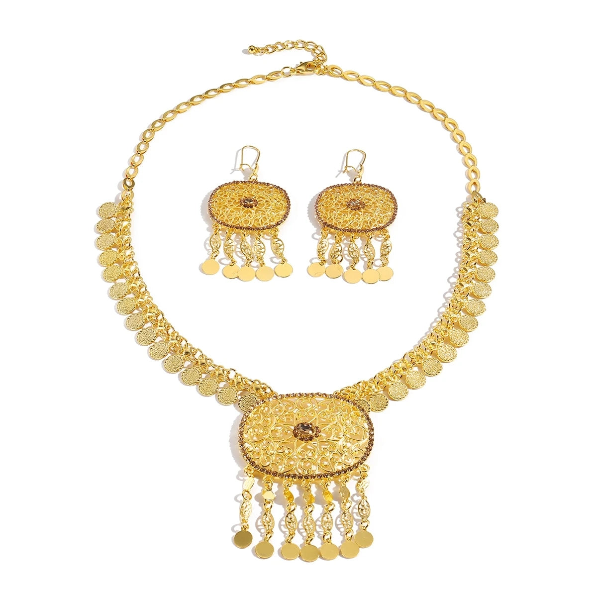 Golden Necklaces And Earrings With Multiple Designs For Women